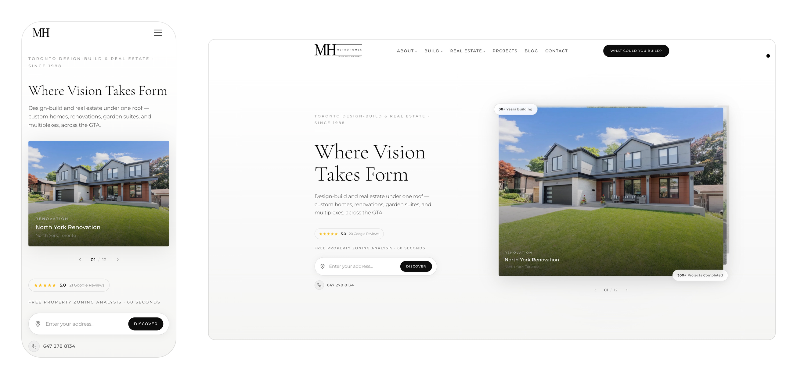 The Metrohomes Design Build homepage on an iPhone beside the same page on desktop, the address field that opens a property assessment reachable in both.