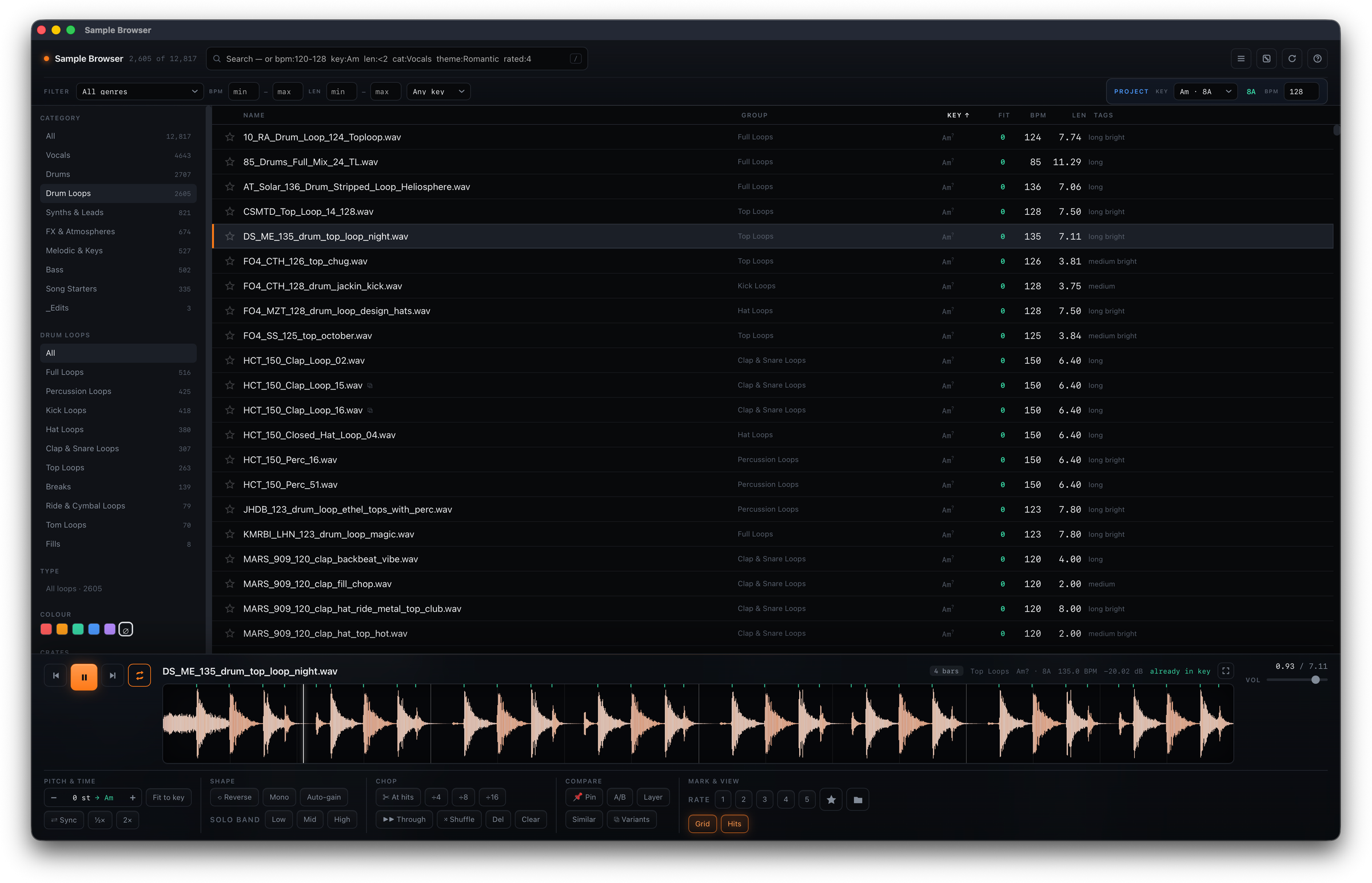 The Sample Browser library: 12,817 samples narrowed to drum loops, every row carrying its group, key, fit, tempo, length and tags, with the selected loop open in the player underneath and a query written as bpm, key, length and category filters.