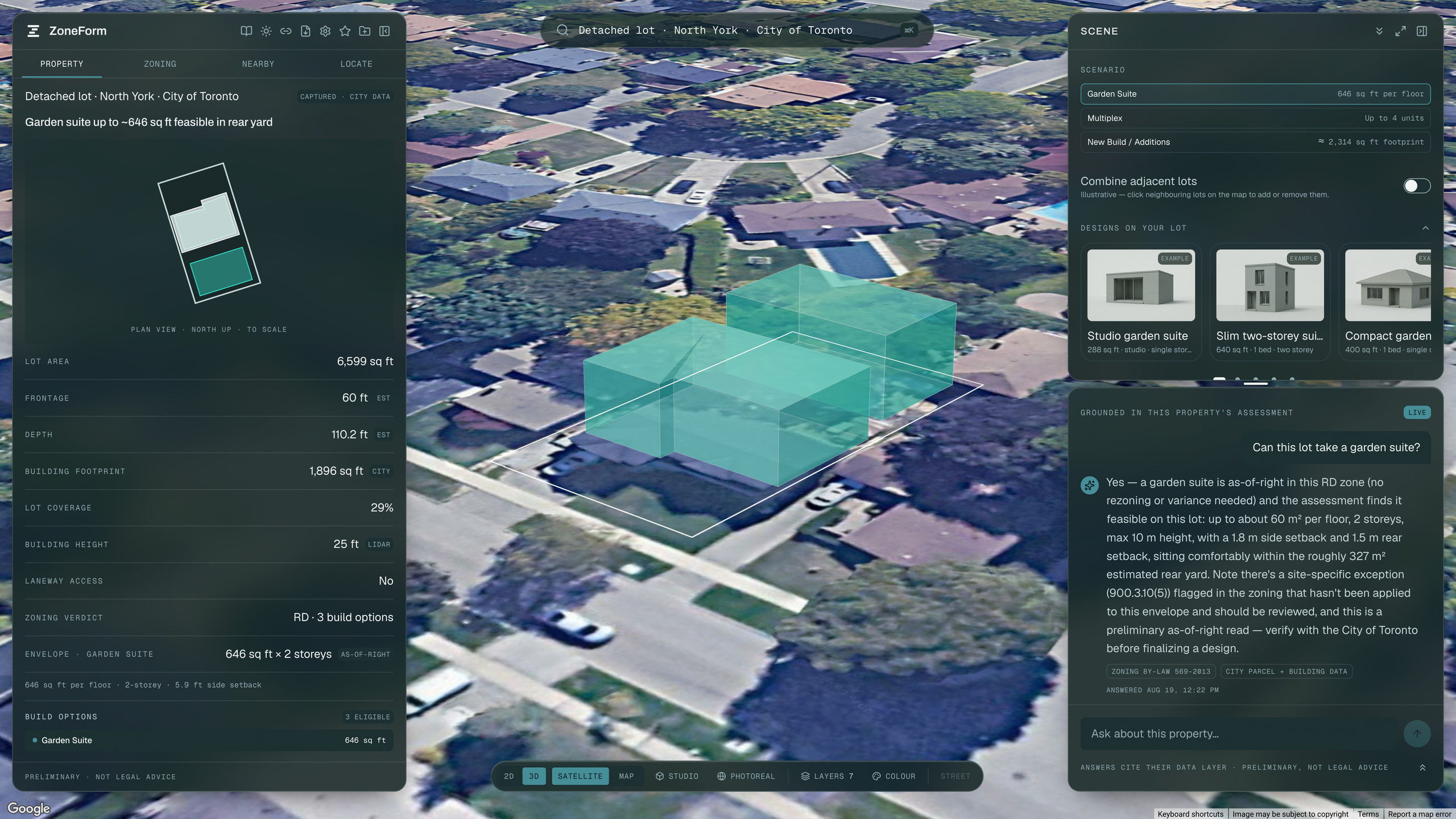 ZoneForm assessing a North York lot: a buildable garden suite envelope in 3D over the aerial, lot facts tagged by source, and the assistant answering that a garden suite is as-of-right while flagging an unapplied site-specific exception.